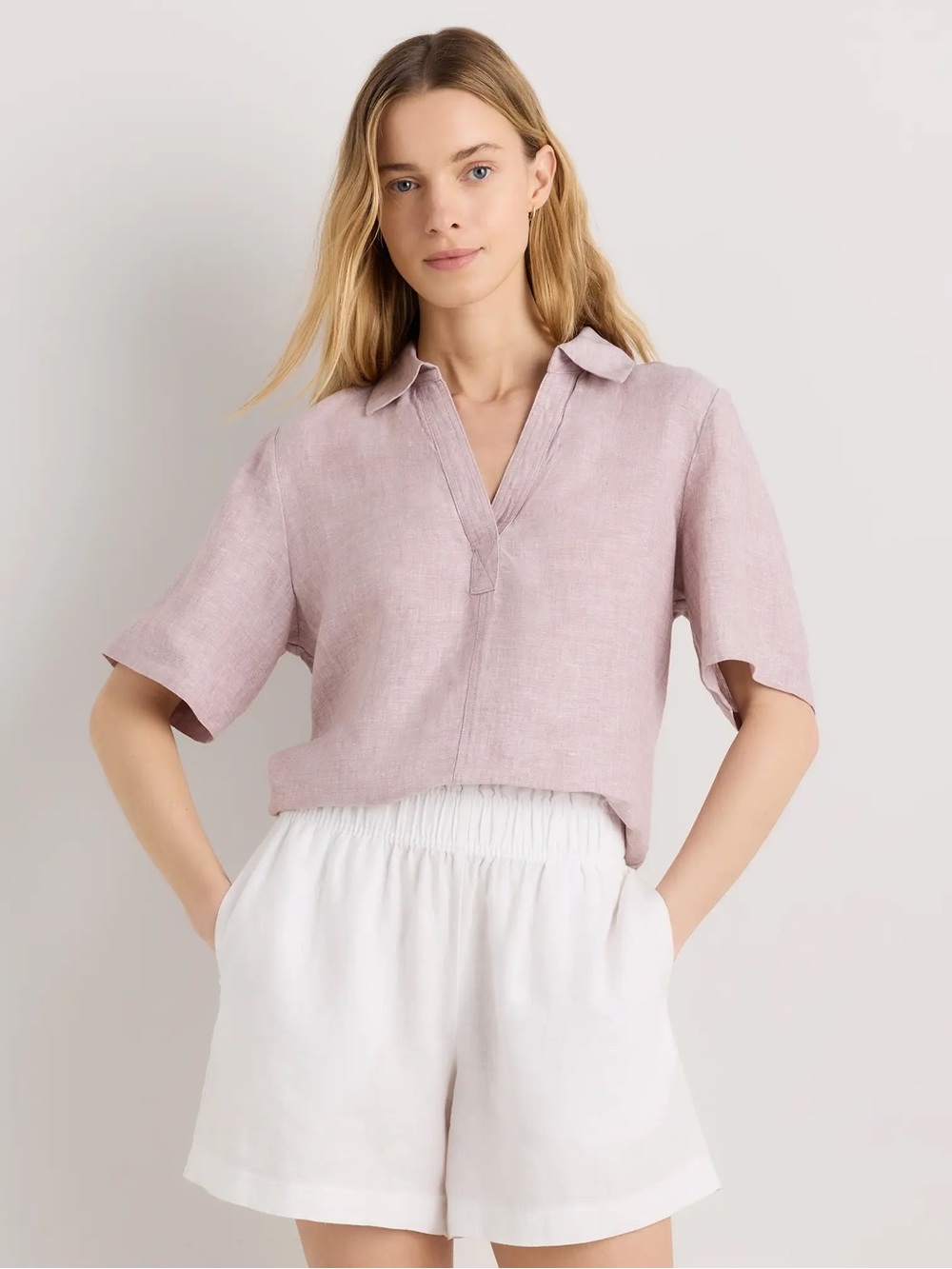 Quince 100% Linen short sleeve Popover top pink minimalist casual capsule S